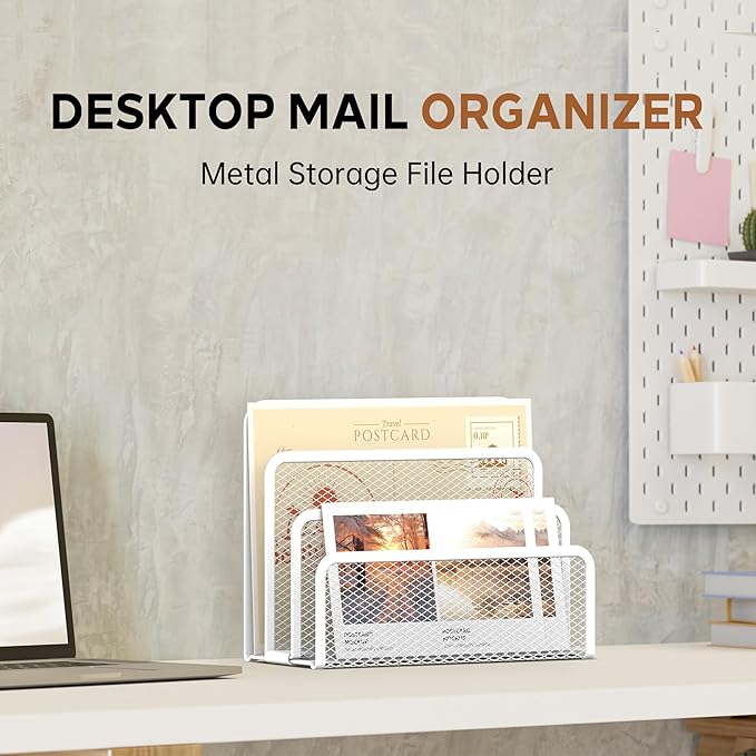 SUPEASY Mail Organizer for Desk, Mesh Metal Mail Holder Countertop with 3-Slot, Letter Sorter File Holder, Office Envelope Organizer for Mails (White)