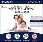 Twin Extra Long (XL) Mattress Protector - Zippered Waterproof Mattress Cover - Deep Pocket Encasement with Cotton Terry Top