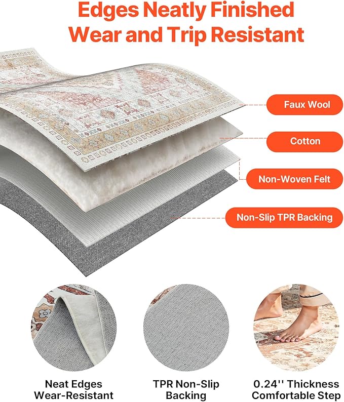 VEVOR 9 x 12 ft Area Rug Large Washable Rug Non-Slip and Tear-Resistant Soft Carpet Pet & Child Friendly Vintage Area Rugs Indoor Mat for Bedroom Living Room Kids Room Office Brown Red