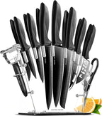 Home Hero Kitchen Knife Set - Wooden Knife Block Organizer - High Carbon Stainless Steel Blades - Ergonomic Handles with Built-In Sharpener & Kitchen Scissors - 16 Pcs, Acrylic Black
