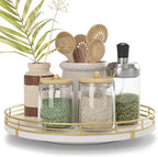 10" Wooden Lazy Susan Turntable for Cabinet – Rotating Spice Rack Organizer, Small Kitchen Countertop Tray for Dining Table & Pantry Storage (White & Gold)