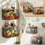 Stackable Fruit Basket for Kitchen Countertop Space Saving, Wall Mounted Mesh Metal Wire Baskets with Wood Lid Extra Storage, 2 Pack Kitchen Counter Organizer for Snack, Onion and Potato Storage