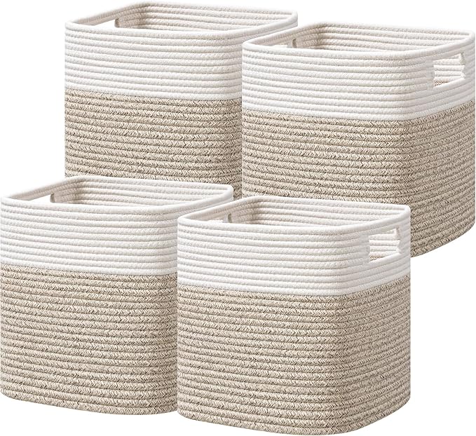 UBBCARE Set of 4 Storage Basket-12 X 12 X 12 in, Cotton Rope Basket for Shelves, Toys, Book, Cube Storage Bins with Handles, Woven Storage Basket for Organizing, White Brown