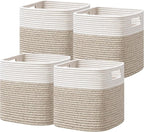 UBBCARE Set of 4 Storage Basket-12 X 12 X 12 in, Cotton Rope Basket for Shelves, Toys, Book, Cube Storage Bins with Handles, Woven Storage Basket for Organizing, White Brown