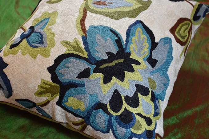 Modern Cream Decorative Floral Pillow Cover Needlepoint White Flower Hand Embroidered Pillowcase Flowery Outdoor Suzani Accent Cushion Boho Chair Modern Chair Pillowsham Wool Size 18x18