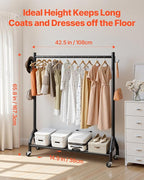 VEVOR Clothes Rack, Rolling Clothing Garment Rack with Hanging Rod and Side Hooks, 198 lbs Load Capacity, Heavy Duty Carbon Steel Clothing Racks with Wheels, Ideal for Bedroom, Laundry, Living Room