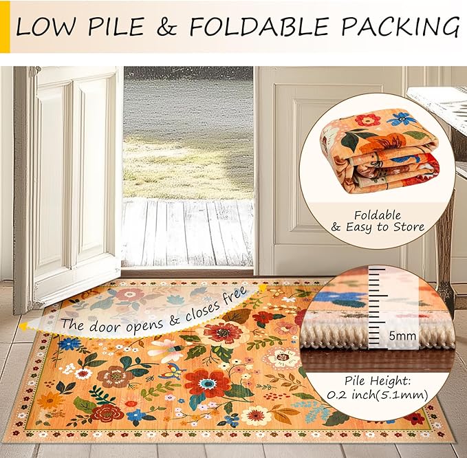 Floral 8x10 Area Rug Machine Washable Soft Print Boho Carpet Non Slip Doormat Low Pile Flower Area Rugs for Living Room Bedroom Nursery Kitchen Dining Room Indoor-Yellow/Orange