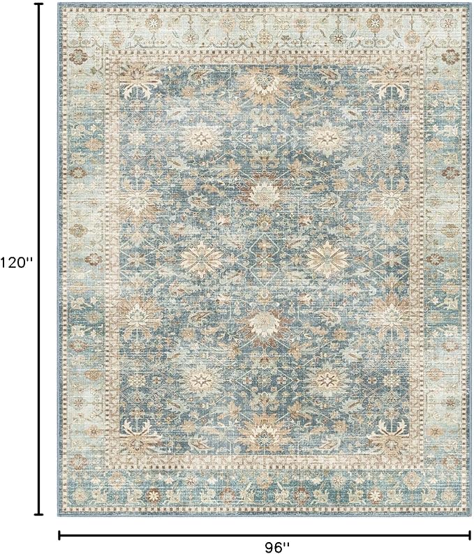 8x10 Vintage Living Room Area Rug - Large Soft Washable Indoor Floor Oriental Farmhouse Rugs for Bedroom, Home Office House Decor, Ocean Terracotta