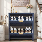 Shoe Cabinet with Flip Drawers, Narrow Shoe Storage Cabinet, 2-Tier Hidden Shoe Organizer with Carved Floral for Entryway, Mid-Century Modern Slim Shoes Storage for Hallway Foyer (1, Midnight Blue)