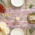 Artoid Mode Pink Embroidery Daisy Spring Gauze Table Runner 59x120 Inch 10FT, Seasonal Sheer Kitchen Dining Holiday Wedding Birthday Table Decor for Home Party