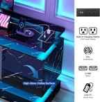 chartustriable 71IN LED TV Stands w/Power Outlet for 85/80/75 Inch TVs,High Gloss Modern Tall Entertainment Center TV Media Console Gaming w/2 Storage Cabinets,Dual LED Lights,Black Marble
