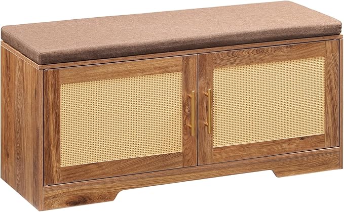 HOOBRO Faux Rattan Shoe Storage Bench with Cushion, Boho Entryway Bench with 2 Doors and Adjustable Shelves, Pet-Proof Hidden Shoe Cabinet for Hallway, Living Room, 39.2" L, Natural, CE53HX01