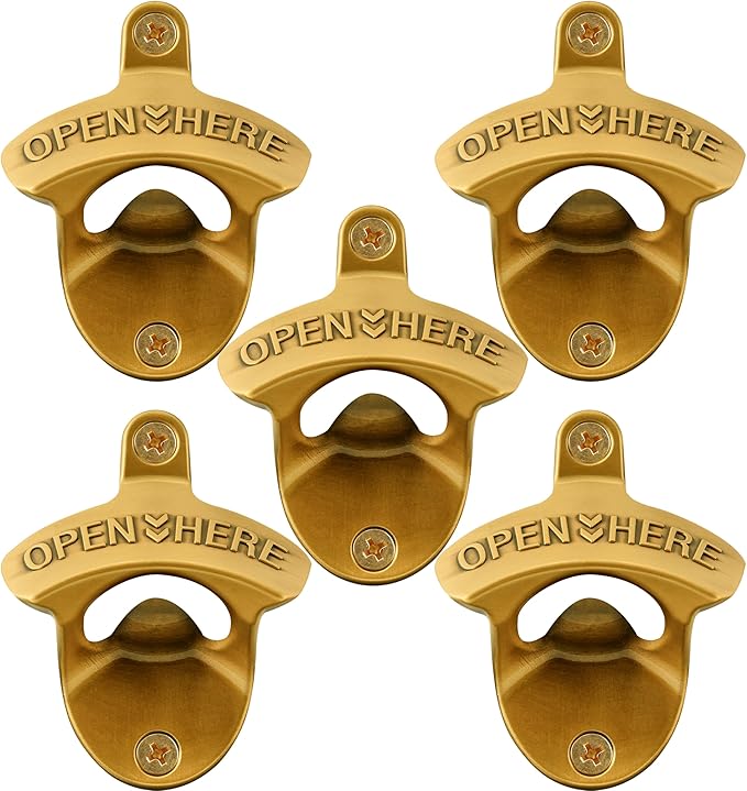 Antique Gold Wall Mounted Bottle Opener, Stainless Haning Beer Bottle Opener Embossed OPEN HERE for Kitchen Table Cabinet (5 PCS)