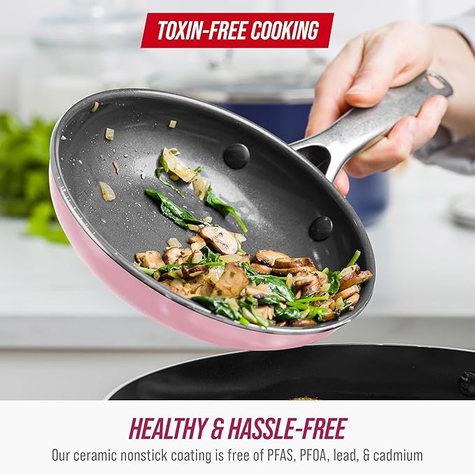 Blue Diamond 8" Nonstick Frying Pan Skillet, Ceramic Diamond Infused PFAS-Free, Dishwasher & Oven Safe, Stay Cool Handle, Durable Non Toxic Metal Utensil Safe, Egg & Omelet Pan, Pink
