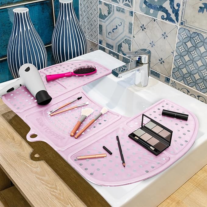 Sink Topper Bathroom Counter Cover & Storage Saver, Foldable Silicone Mat for Hot Tools, Hair Styling & Makeup, Beauty Brush Cleaning Mat, RV Camper Sink Cover & for Small Spaces (Large Pink)
