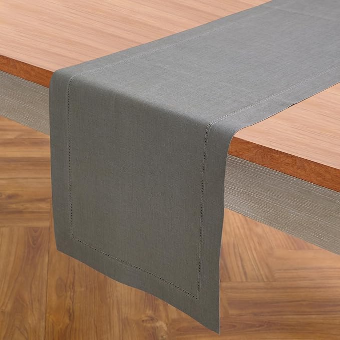 Solino Home Linen Steel Gray Table Runner 120 Inches Long - 100% Pure Linen Hemstitch 14 x 120 Inch Table Runner for Dining - Classic Hemstitch