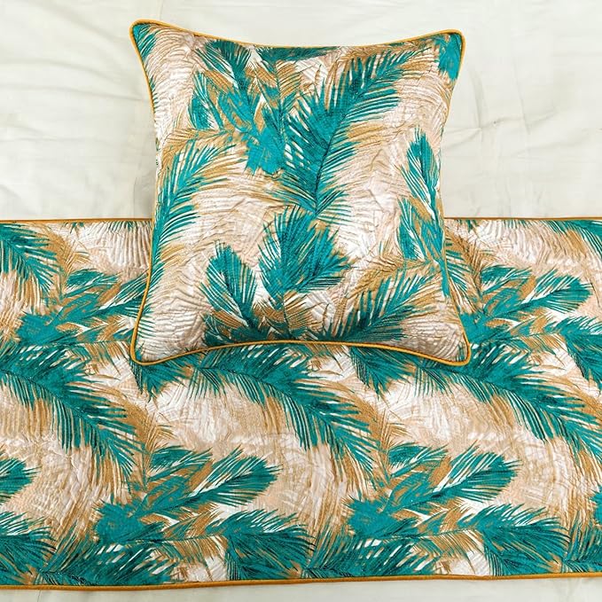 The HomeCentric King/Queen/Twin Green Decorative Queen 74"x18" Bed Runner Without Pillow Cover, Plam Leaves & Quilted Bed Scarf on Satin Fabric - Palms