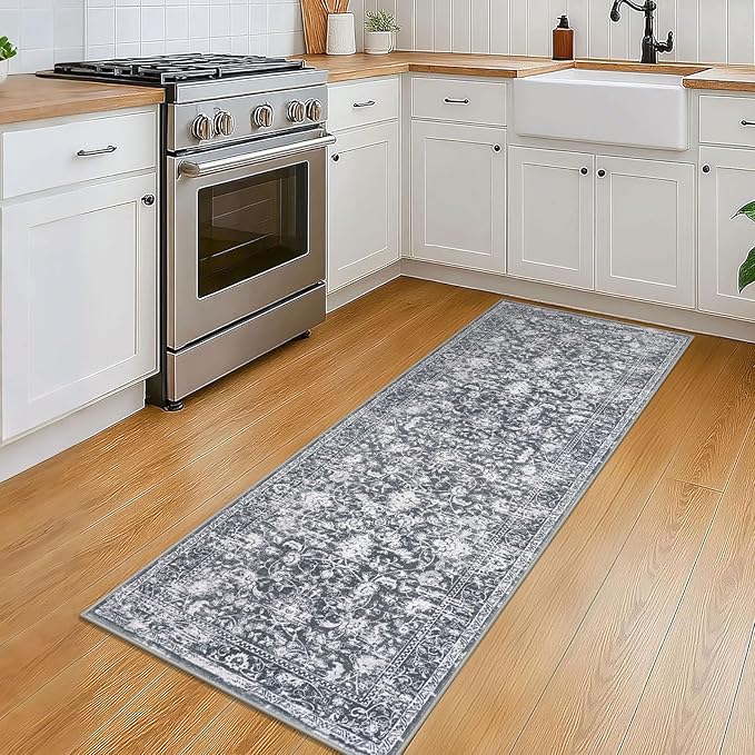 KILOCOCO Hallway Runner 2x5 Kitchen Runner Rug Printed Vintage Floral Washable Non-Slip Runners for Hallways Laundry Room Rugs Distressed Boho Rug Runners for Bedroom, Grey