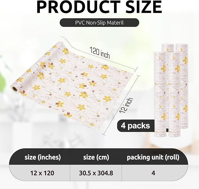 RAY STAR 12X120 Inch Shelf Liner for Kitchen Cabinets, Non-Adhesive Cabinet Liner Washable, PVC Drawer Liner for Dresser Non-Slip Bathroom (Yellow-Floral)(4 Roll)