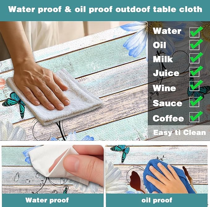Rustic Daisy Flower Wooden Picnic Table Cover with Bench Covers, Farmhouse Flower Waterproof Wood Board Tablecloth for Patio Camping Outdoor Party Decorations with Drawstring Bag, 30X60in, 3PCS