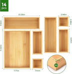 Bamboo Drawer Organizer Set, 14 PCS Multi-Use Individual Wood Storage Organizers, Junk Drawer Divider and Storage Trays Containers for Kitchen, Bathroom, Office Desk, Makeup, Jewelry, Utensils