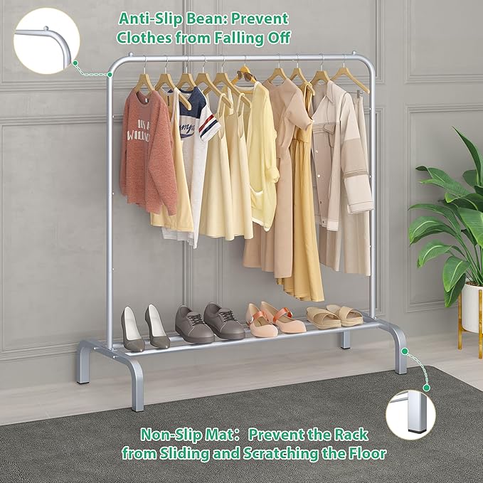 JIUYOTREE Metal Clothing Rack 43.3 Inches Clothes Garment Coat Rack with Bottom Shelf Clothing Rack for Hanging Clothes Coats Skirts Shirts Sweaters Silver Gray