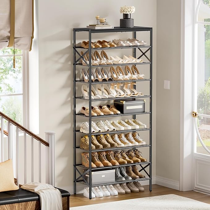10-Tier Tall Shoe Rack Organizer Shoe Storage for Entryway 30-40 Pairs Metal Shoe Rack for Closet Heavy-Duty Shoe Rack with Wooden Top Shelf for Garage Black