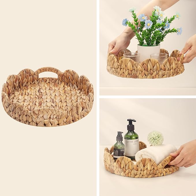 Yangqihome Round Scalloped Serving Tray, 14 inch Decorative Water Hyacinth Scalloped Basket with Built-in Handles, Round Ottoman Trays for Coffee Table for Kitchen and Living Room