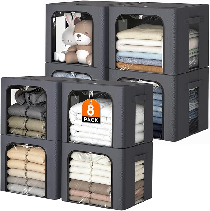 8 Pack Clothes Storage Bins with Metal Frame,40L Storage Bags Fabric Box Organizer with Clear Window,Zippers,Sturdy Handles(8 Pcs,Light Grey,40L)