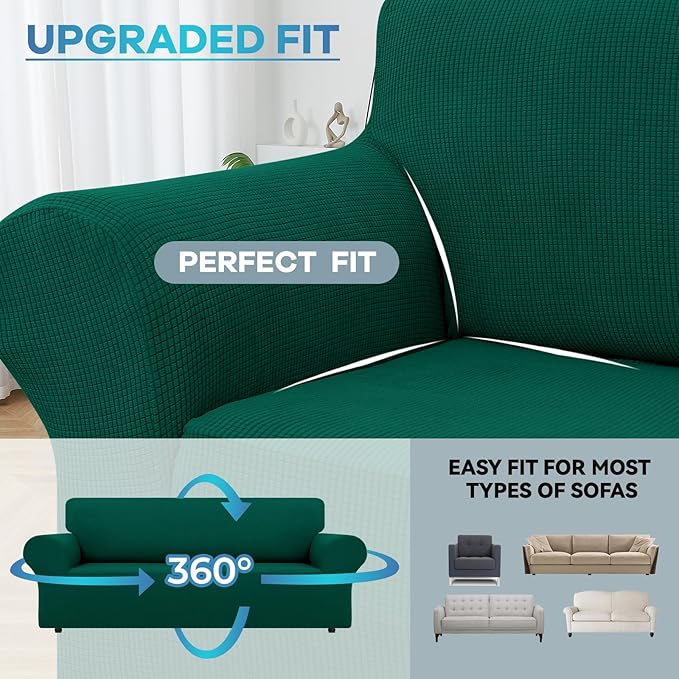 LURKA Stretch Sofa Slipcovers 1 Piece Couch Covers for 3 Cushion Couch Sofa Furniture Protector Full Sofa Covers with Elastic Bottom for Kids and Dog (Dark Green, Large)
