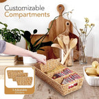 Nature-Inspired Rattan Pantry Organizer Baskets Set of 2 with 3 Removable Dividers – Handwoven Storage Bins for Kitchen or Bathroom Organization, Ideal for Snacks, Coffee & Tea (13” x 7.3” x 3.7”)
