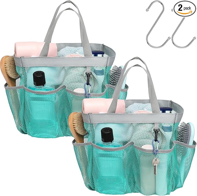 F-color Mesh Shower Caddy Portable - 2 Handles Upgrade Deeper 7 Pockets Basket Bag Tote for College Dorm Room Toiletry Bathroom Essentials Gym Camp Quick Dry with S Hook, 2 Pack Mint Green
