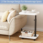 Adjustable Tv Trays for Eating on Couch That Slide Under,360° Swivel C Shaped End Sofa Side Snack Table with Wheels for Living Room and Bedroom, Bed,Chair, (White Marble+Black)