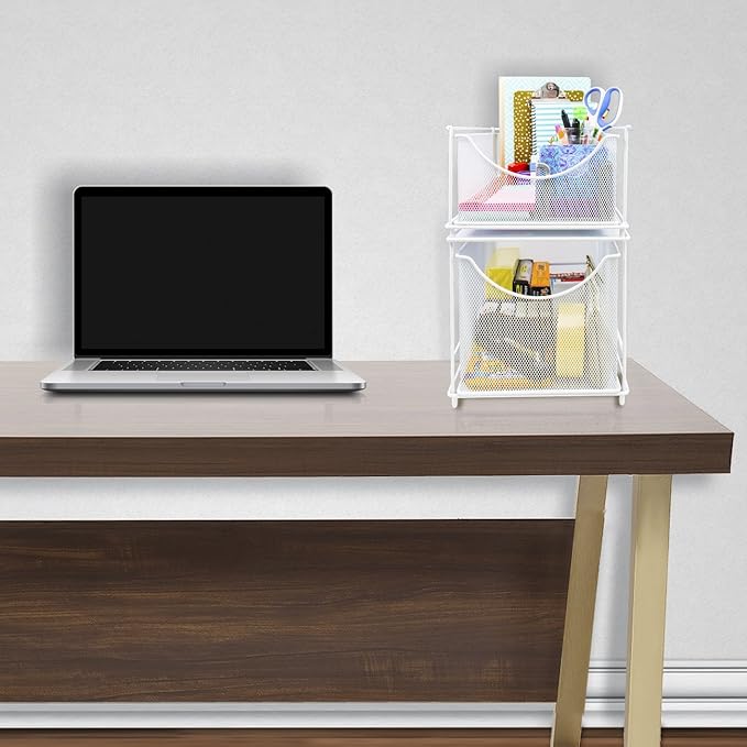 Sorbus® Cabinet Organizer Set—Mesh Storage Organizer with Pull Out Drawers—Ideal for Countertop, Cabinet, Pantry, Under the Sink, Desktop and More (White Two-Piece Set)