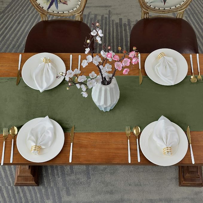 BALCONY & FALCON Velvet Table Runner 14"x51" Olive Luxury Machine Washable Farmhouse Vintage Runner for Table Dining, Party, Wedding, Birthday, Easter, Thanksgiving & Christmas & Home Décor