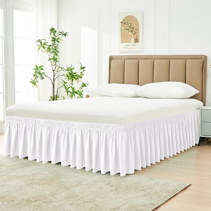 Biscaynebay Wrap Around Bed Skirts for Full & Full XL Beds 14" Drop, White Adjustable Elastic Dust Ruffles Easy Fit Wrinkle Resistant Silky Luxurious Fabric Machine Washable