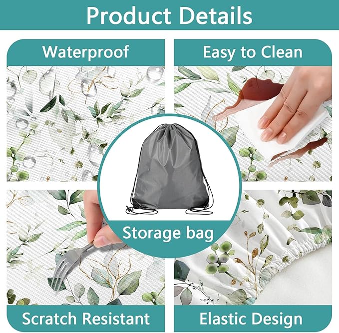 Picnic Table Cover with Bench Covers and Bag, Camping Essentials, Eucalyptus Leaves Outdoor Table Covers, Waterproof Windproof, Fitted Tablecloth Cover with Elastic Edge, 3 PCS, 30x96 Inch