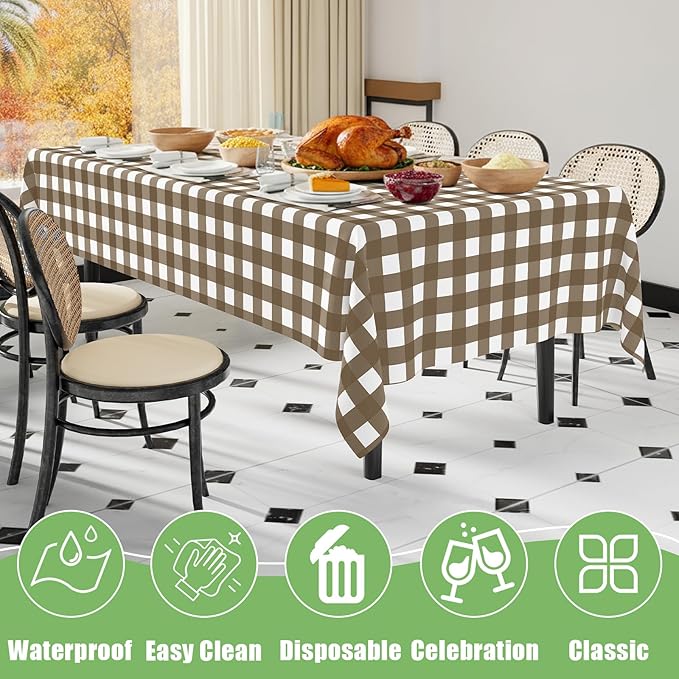 Smiry 3 Pack Brown Gingham Disposable Tablecloths - 54" x 108" Heavy Duty Plastic Table Cloth, Waterproof Buffalo Plaid Table Covers for Picnic, Banquets, Outdoor Parties