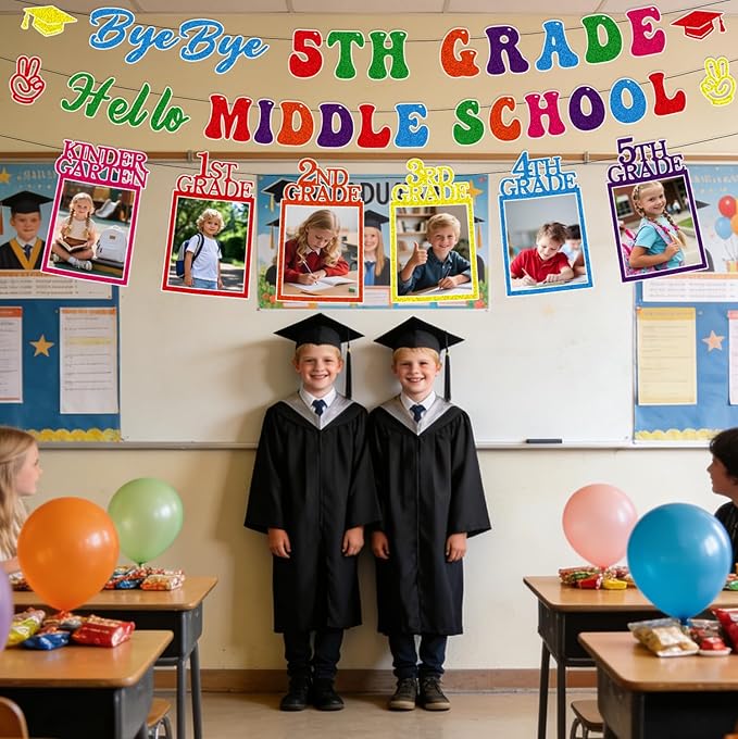 5th Grade Graduation Decorations - 3PCS Bye Bye 5th Grade Graduation Banners Photo Banner Decor, Colorful Primary Elementary School Congrats Grad Party Supplies (No-DIY)