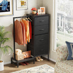 HIGDBFE Dresser with Hanging Rack, 4 Drawers Small Closet for Bedroom, Reversible Fabric Kids Chest of Drawers with Clothes Rack, Tall Storage Tower, Sturdy Frame, Black, 44''H