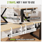 [Upgraded] 2 Pack Cable Management Under Desk Tray, Xpatee 27.6" No Drill Open Slots Cable Management Tray, Cord Wire Organizer Box with Clamp for Table Thickness up to 3" - No Desk Damage(White)