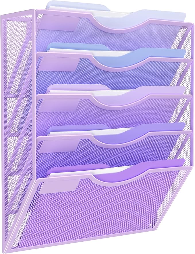Kuntine.B Wall File Organizer Office Hanging Magazine Holder Wall File Organizer for Office Home (Purple, 5 Tier)