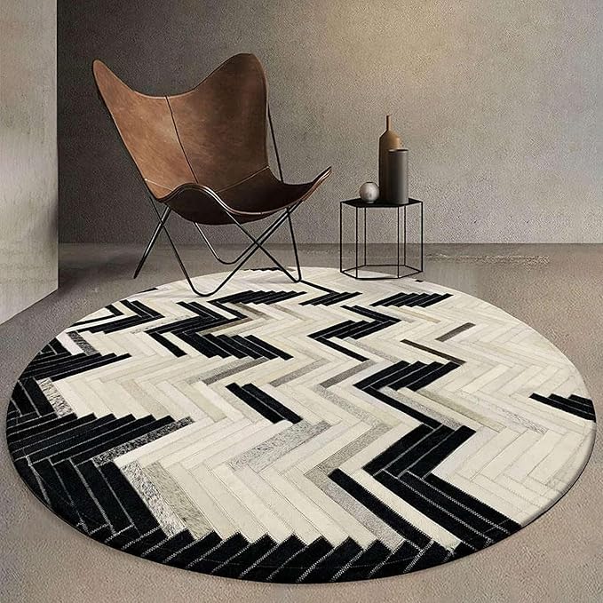 Round Cowhide Faux Leather Area Rug 9×9 ft – Black & White Modern Chevron Pattern Low Pile Carpet with Non-Slip Wool Backing, Soft Durable Living Room & Bedroom Accent Rug