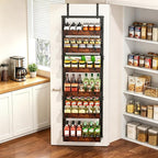 BUKFEN 6-Tier Over the Door Pantry Organizer, 2-in-1 Door Hanging or Wall Mounted Spice Rack with Adjustable Wooden Baskets, Heavy Duty Metal Storage Shelf, 12 Hooks for Kitchen, Bathroom, Closet