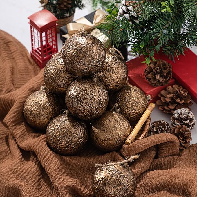 Suncalla 12 Pcs Farmhouse Christmas Ball Ornaments 3.15'' Vintage Antique Gold Christmas Tree Decor Rustic Distressed Neutral Ornaments with Loop Shatterproof Hanging Ball for Farmhouse Xmas Decor