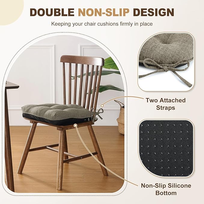 downluxe Indoor Chair Cushions for Dining Chairs, Tufted Overstuffed Textured Foam Kitchen Chair Pads with Ties and Non-Slip Backing, 15.5" x 15.5" x 4", Khaki, 6 Pack