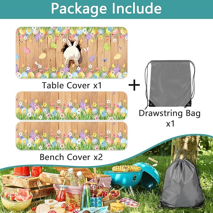 Easter Picnic Table Cover with Bench Covers, Cute Bunny Flower Brown Wooden Board Camping Tablecloth, Waterproof Windproof, Fitted Tablecloth Cover with Elastic Edge, for Outdoor, 3 PCS, 30x72 Inch