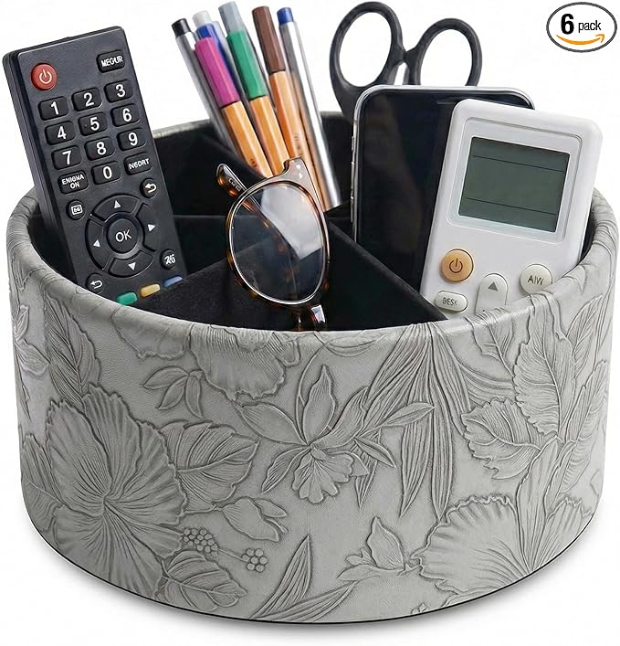 Remote Control Holder, 360°Spinning PU Leather Desk TV Remote Caddy,Desk Storage Box Room Accessories for Controller, Media,Mail,Calculator, Mobile Phone,Pencil(1-Carved Grey)