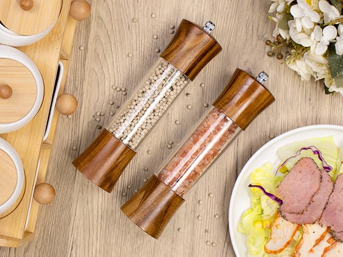 XWXO Acacia Wood Premium Acrylic Salt and Pepper Grinder Set 8 Inches Salt and Pepper Mill Set, Manual Mills- Wooden Shakers with Adjustable Ceramic Core 2 Pack for Kitchen Home Gift