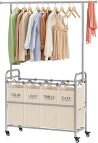 Tajsoon Laundry Hamper with Hanging Rack, Laundry Sorter 4 Sections, 4 Basket Butler with Lockable Wheels and Removable Bag, Rolling Laundry Cart for Bedroom, Beige